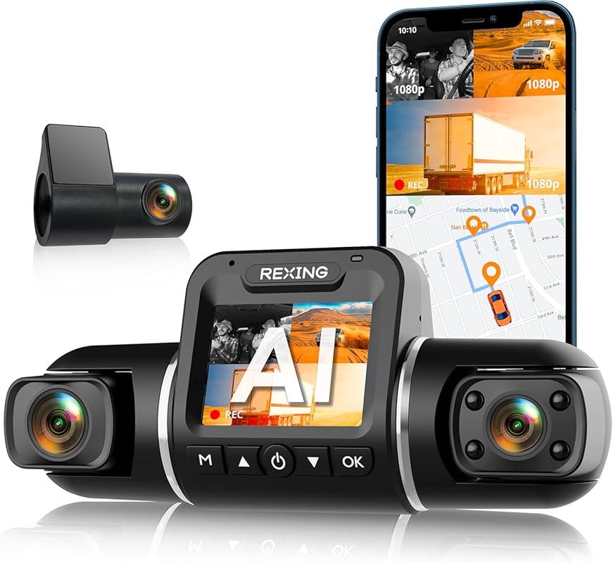 RexingUSA V2 PRO AI Dash Cam with 3-Channel 1080p, Collision & Lane De