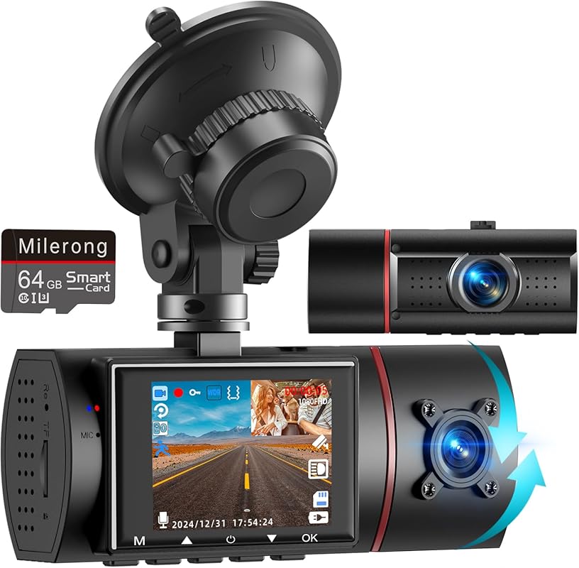 Milerong X25 Dual 1080P Dash Cam with Infrared Night Vision & 64GB Card