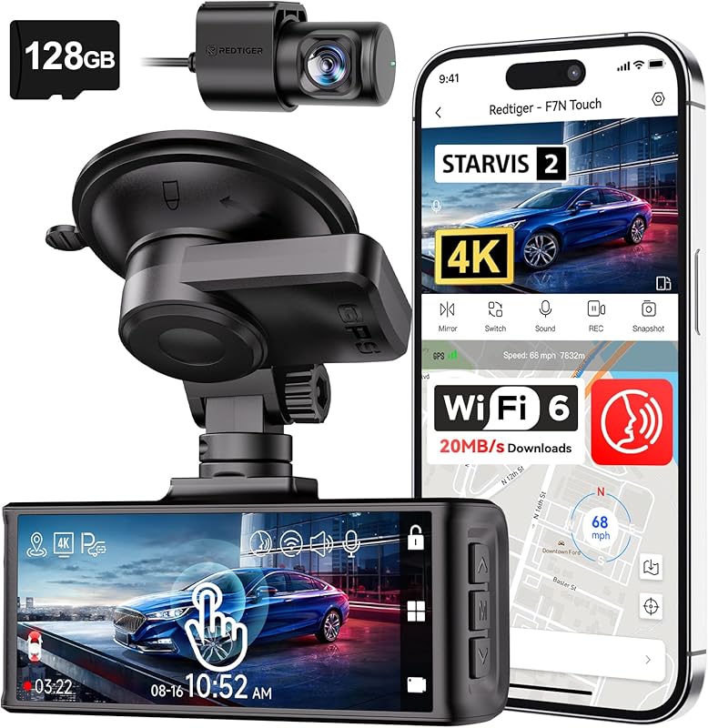 REDTIGER 4K STARVIS 2 Dash Cam, 5GHz WiFi, 128GB Card, GPS & Voice Con