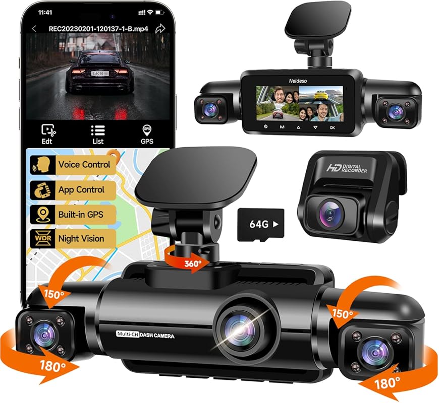 Neideso N300 360° Dash Cam 2K+1080P*2, Wi-Fi GPS Voice Control, 24H Pa