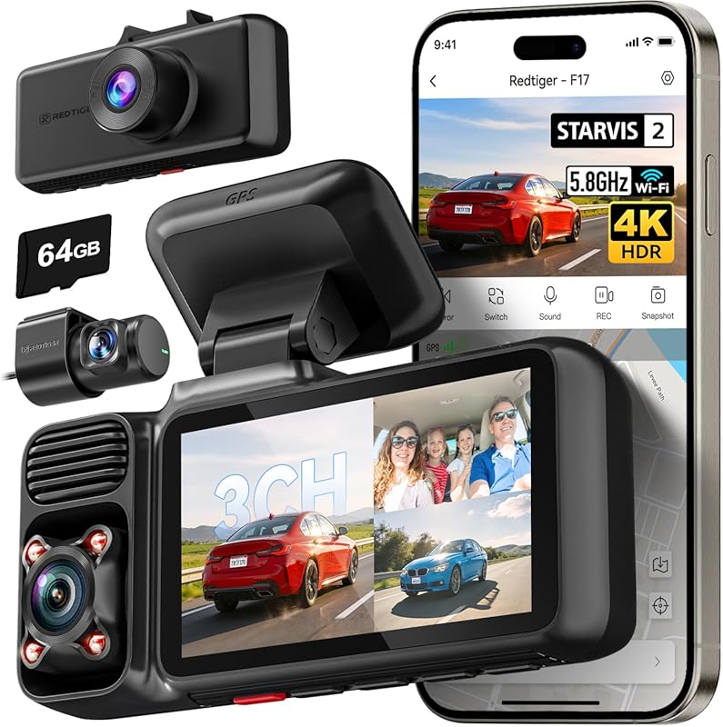 REDTIGER F17 4K Triple Dash Cam, STARVIS 2, GPS, Fast WiFi, IR Night V