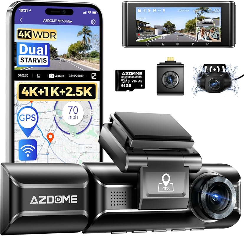 AZDOME M550 Max 4K Triple Dash Cam with Dual STARVIS Sensors, 4K+2.5K+