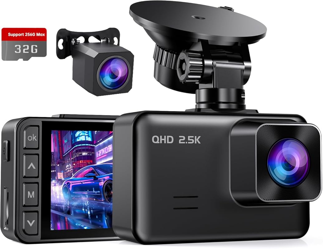 2.5K+1080P Dual Dash Cam with G-Sensor, Night Vision & 24H Parking Mod