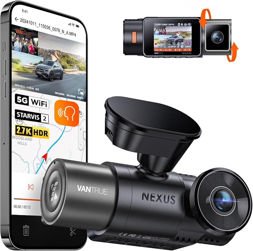Vantrue N2X 2.7K Dual Dash Cam with HDR IR Night Vision, 5G WiFi & Voi