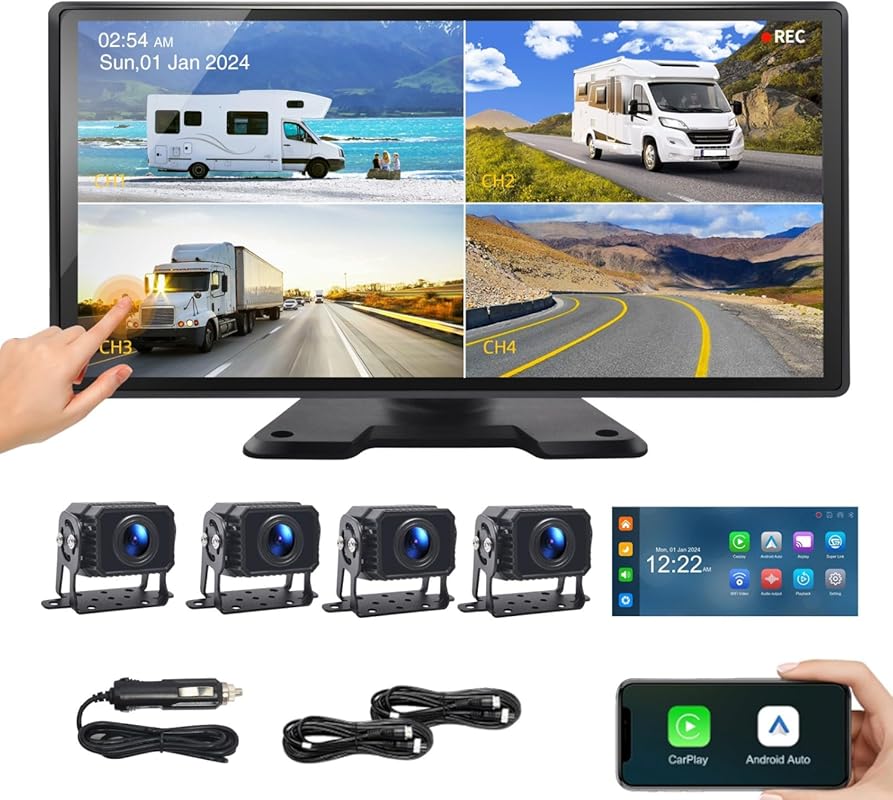 Semi Truck 4-Channel 1080P Dash Cam System: CarPlay, Android Auto, 10.