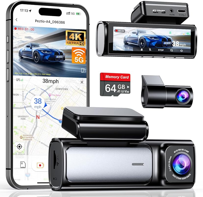 4K Dual Dash Cam with 5G WiFi, GPS, 64GB Card, 3.59
