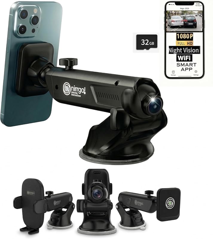 NIRRGO 1080P Dash Cam with Phone Holder & App Control