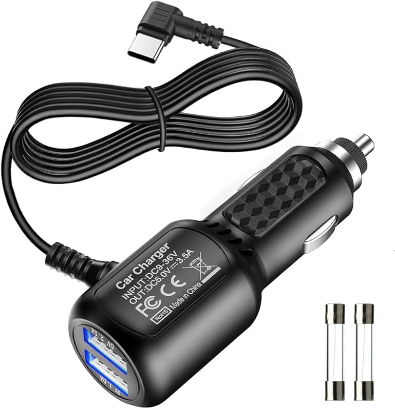Dual Port USB Car Dashcam Charger Cord 11.5ft with Type C Power Supply