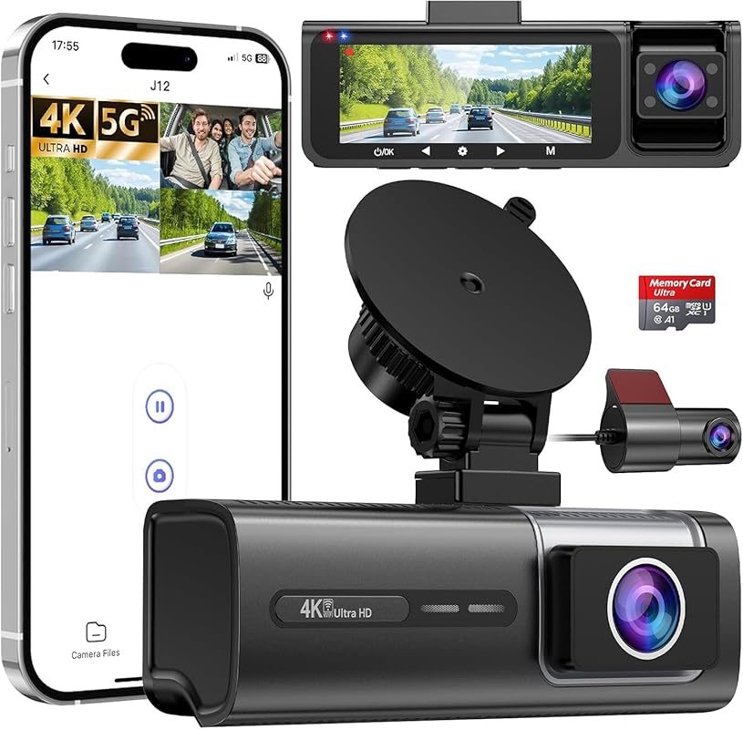 4K+1080P+1080P 3-Channel Dash Cam with HDR IR Night Vision, 5G Wi-Fi, 