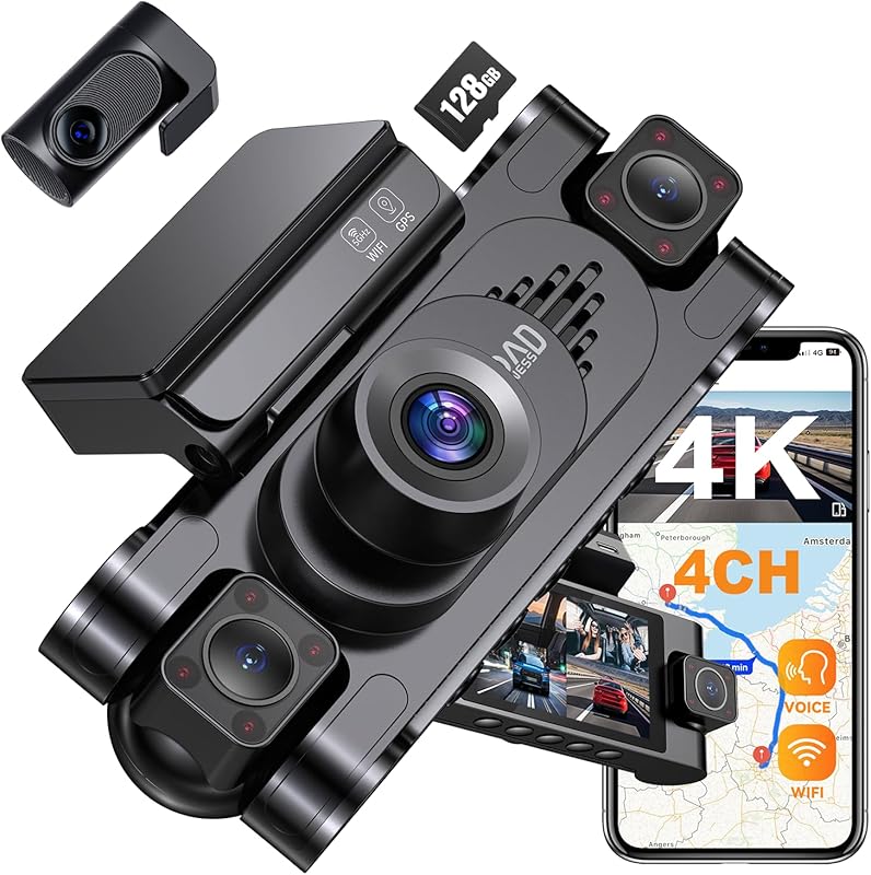 4K 360° Dash Cam for Cars, 4 Channel Front/Rear/Inside, 5.8GHz WiFi, G