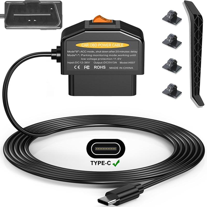 Dash Cam Hardwire Kit OBD with USB Type C, 12-24V to 5V/3A, 24h Parkin