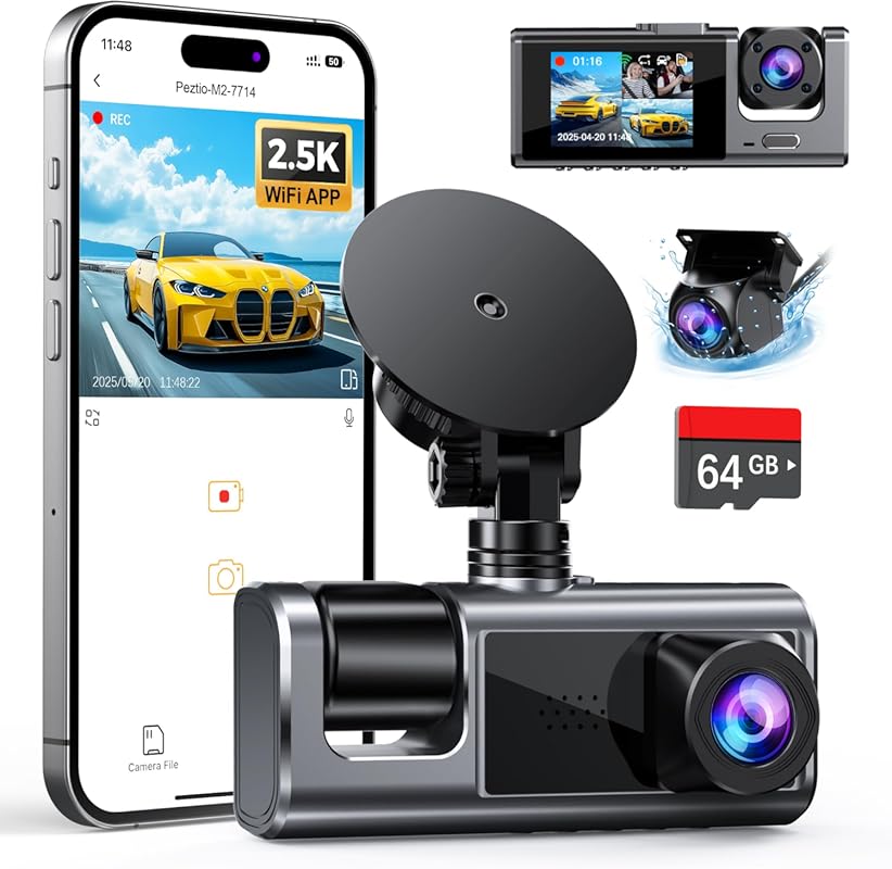 Galphi 2.5K+1080P+1080P 3-Channel WiFi Dash Cam with G-Sensor, Loop Re