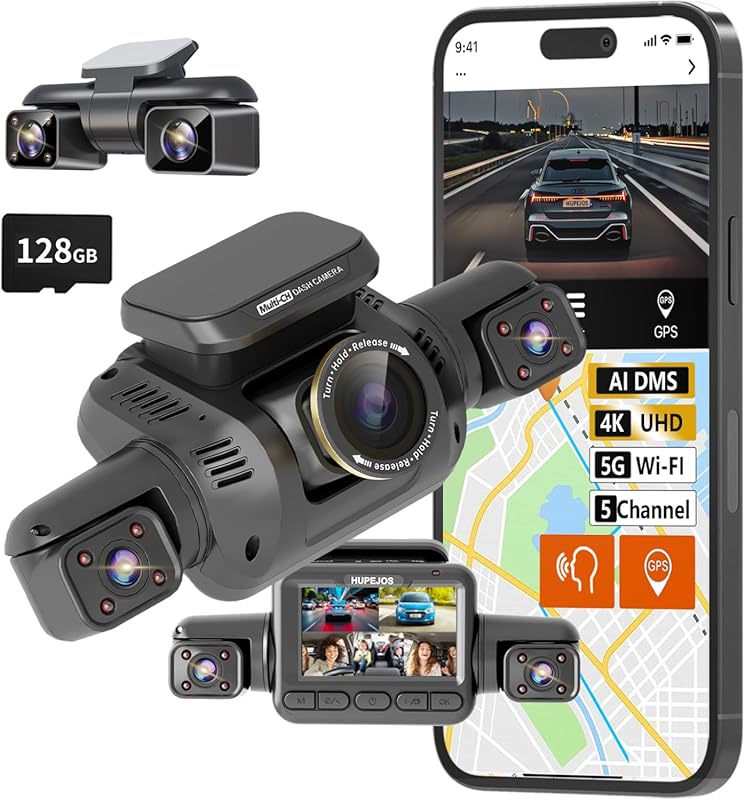 360° 4K 5 Channel Dash Cam with AI Driver Monitor, Built-in GPS WiFi, 