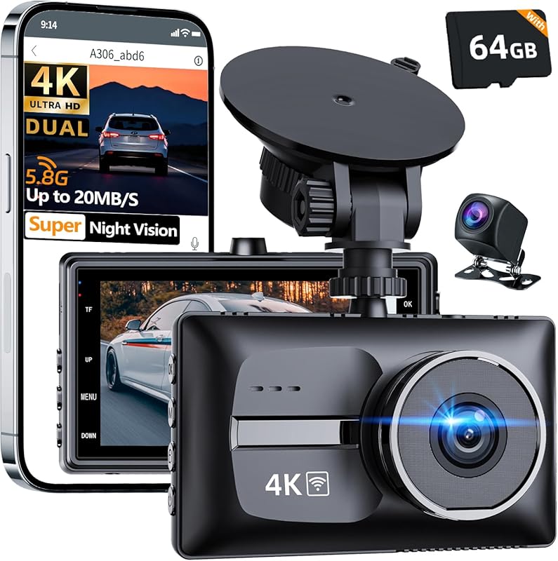 X18 4K Dual Dash Cam with 5.8GHz WiFi, G-Sensor, 24H Parking Mode & 64