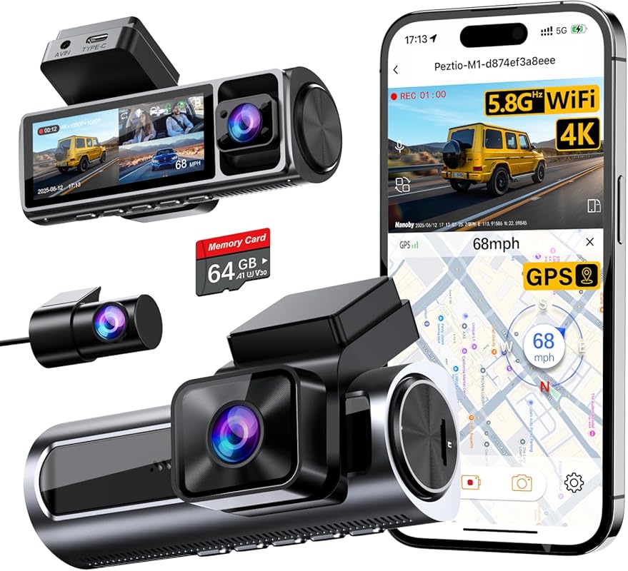 4K+1080P+1080P Triple Dash Cam with 64GB Card & GPS