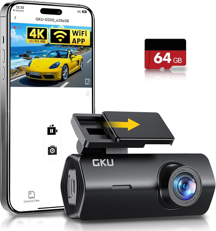 GKU 4K Mini Dash Cam with Built-in WiFi, Night Vision & 24H Parking Mo