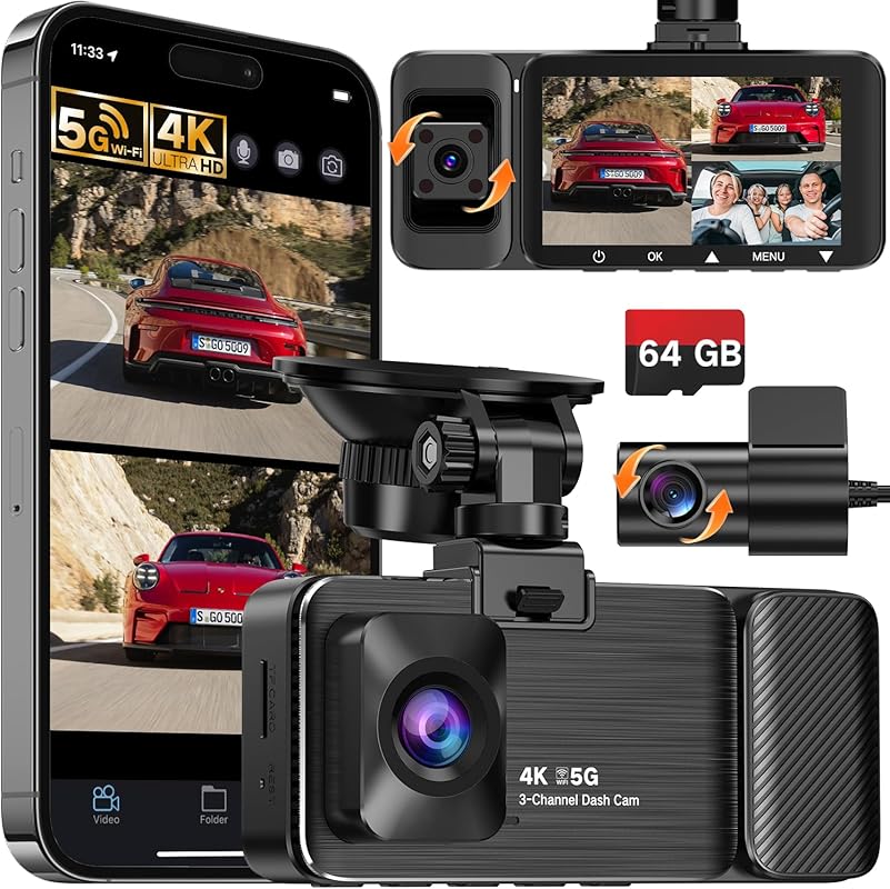 WECOOL 4K 3-Channel Dash Cam with Free 64GB Card & Night Vision