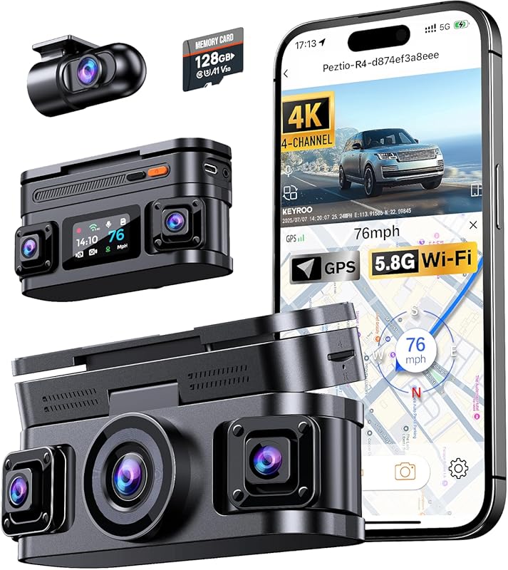 360° 4K 4-Channel Dash Cam Built-in GPS 5.8GHz WiFi, G-Sensor, Free 12