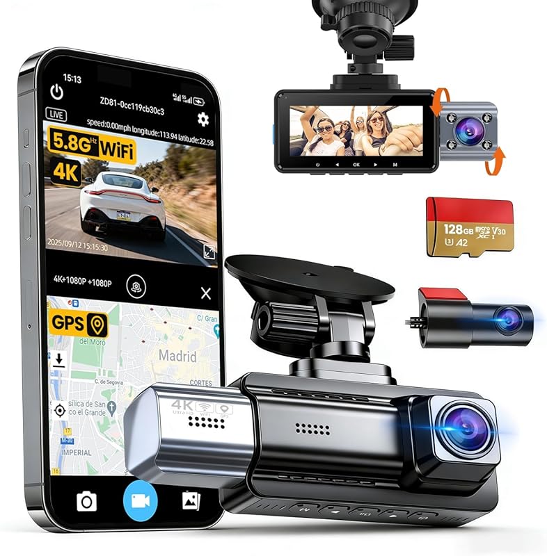 JIMIMAX 4K+1080P+1080P Triple Dash Cam with WIFI6, IR Night Vision, GP