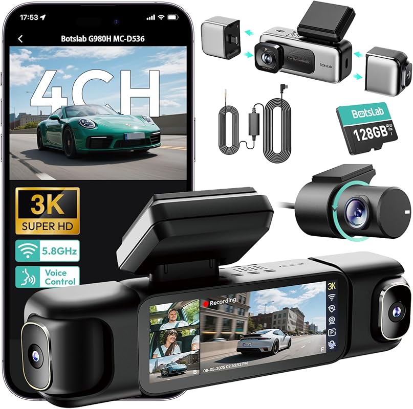 BOTSLAB 3K 4 Channel Dash Cam, 560° View, 24/7 Parking Mode, Voice Con