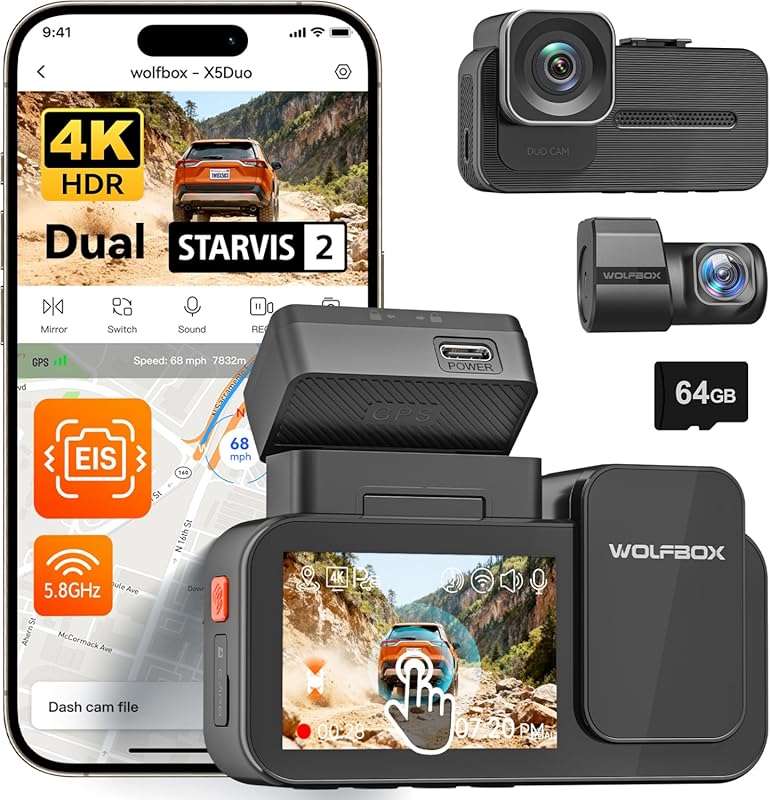 WOLFBOX X5 Duo 4K+2.5K Anti-Shake Dual Car Camera 8MP STARVIS 5.8GHz W