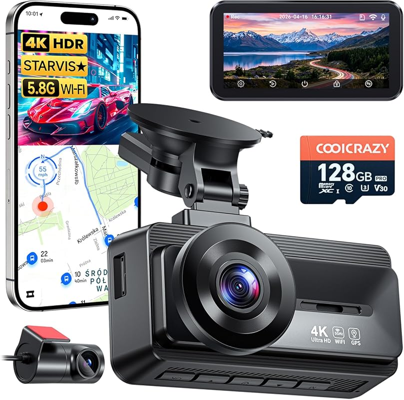 Coolcrazy 4K Dual Dash Cam with STARVIS Sensor, 5GHz WiFi, GPS, WDR/HD