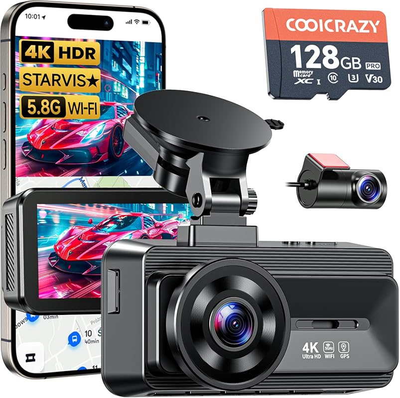 Coolcrazy 4K Dual Dash Cam, STARVIS, 128GB Card, 5GHz WiFi, GPS, Night