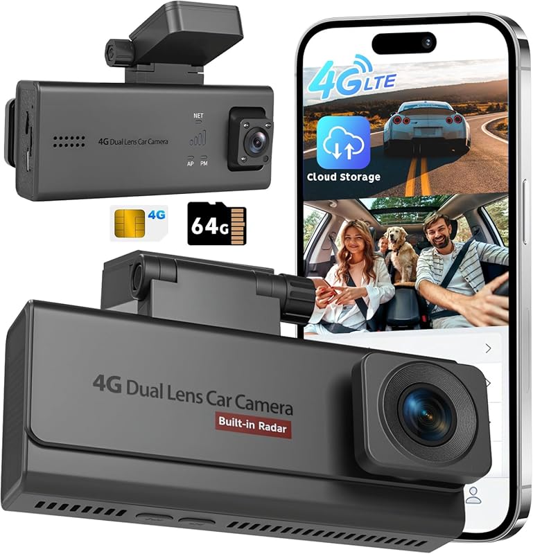 4G LTE 4K Dual Dash Cam with GPS Tracker, Anti-Theft, Night Vision, 64