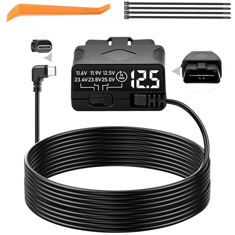 OBD2 USB-C Power Cable for Dash Cam with LED Voltmeter, 4-Level Low Vo