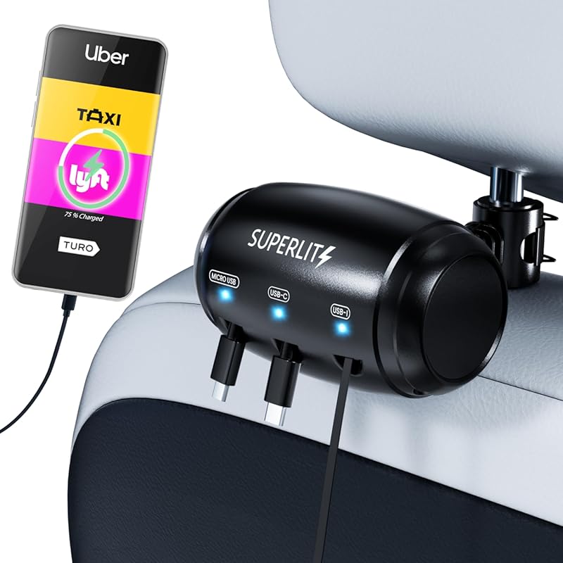 Superlit Retractable Backseat Car Charger for Uber/Lyft Drivers – Mult