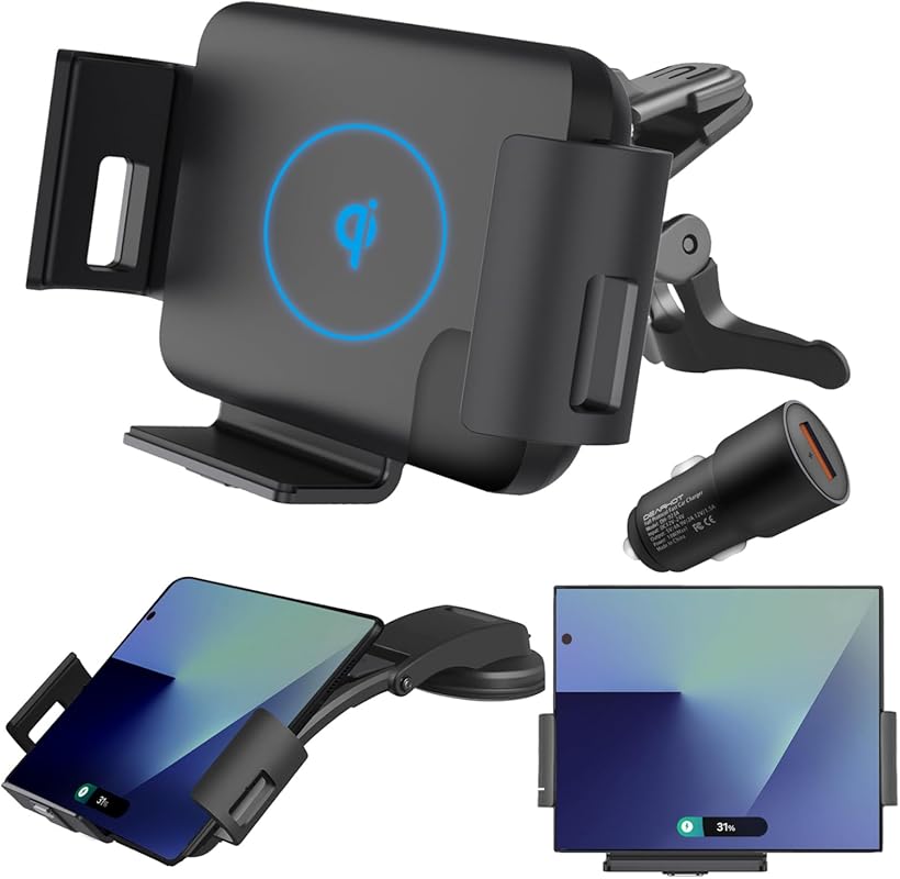 15W Qi Fast Wireless Charger for Samsung Z Fold 7/6/5, Auto-Clamp Car 