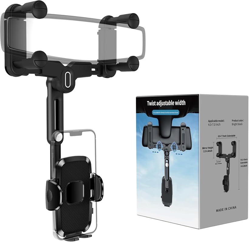 Retractable Rear View Mirror Phone Holder – Rotatable Mount for 4-7 In