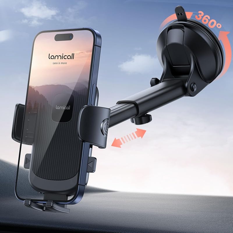 Lamicall Military-Grade Suction Car Phone Mount with 360° Rotation, Qu