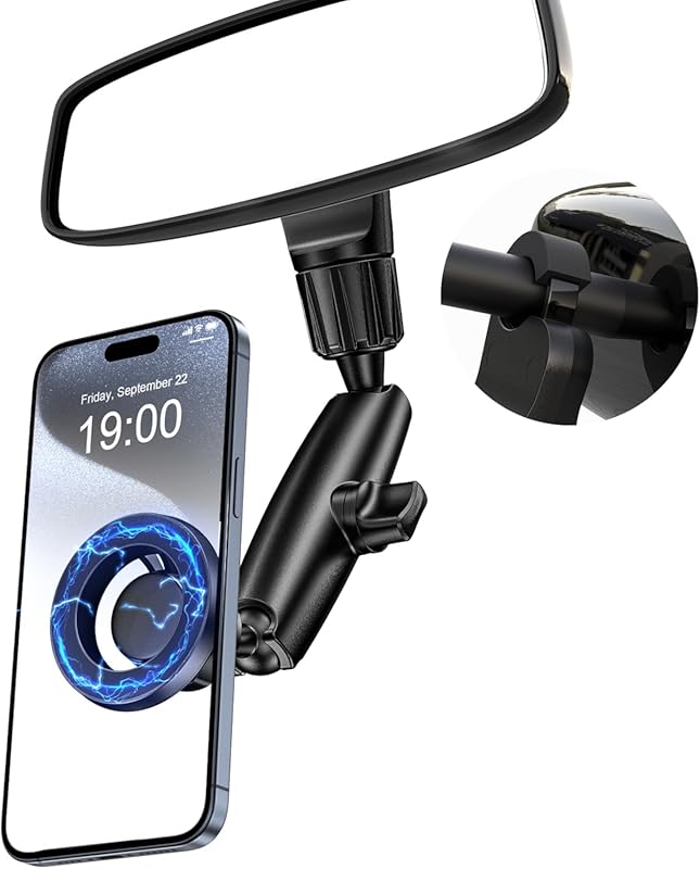 Magnetic Car Phone Holder for Rear View Mirror, 360° Rotation, Works w