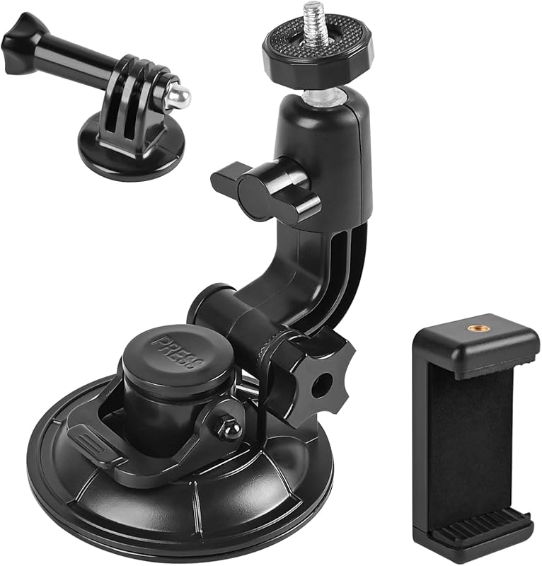 Dash Cam Suction Cup Mount with Phone Bracket for Gopro, Insta360 & Sm