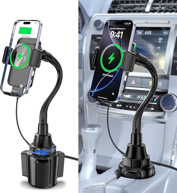 Cup Holder Wireless Car Charger with 15W Fast Charging & Swivel Arm fo